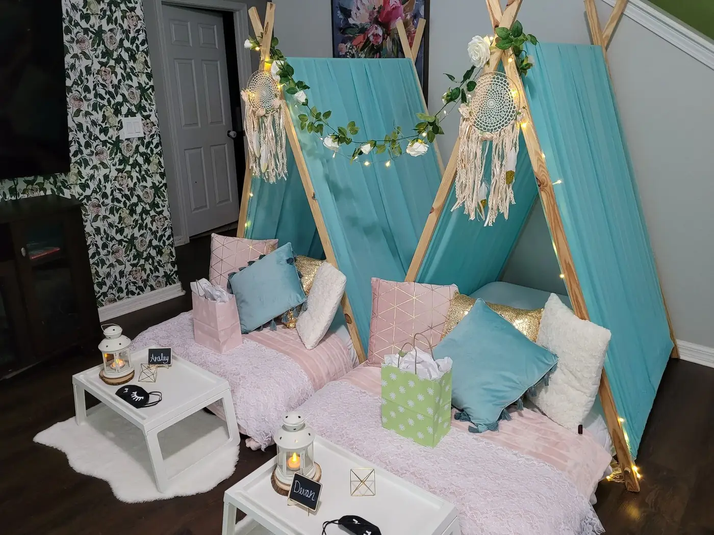 Boho Blues Sleepover Party setup by In Your Dreams Sleepovers in Tampa Bay