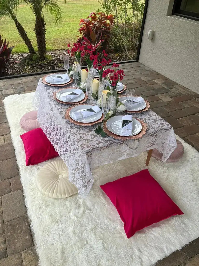 Picnic table party setup for sleepover rental