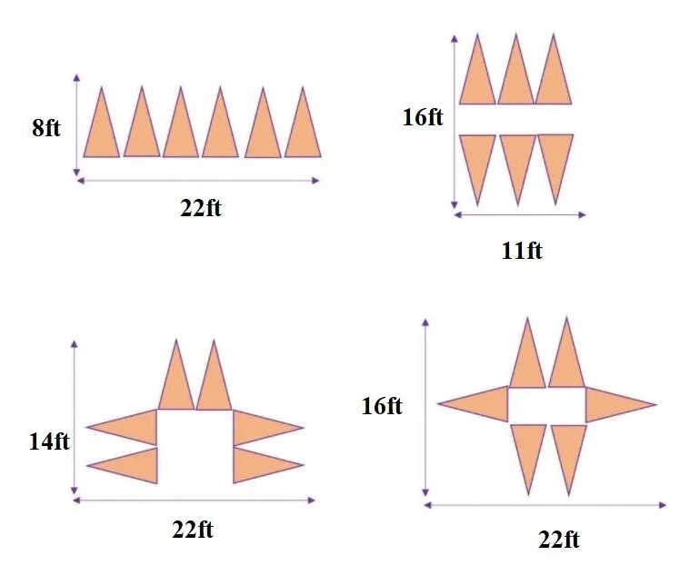 Layout options for 6 teepees: single row needs 8 by 22 ft, two facing rows 16 by 11 ft, a U-shape 14 by 22 ft, and a cluster 16 by 22 ft.